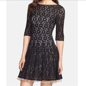 Betsey Johnson Black Lace Midi Dress with Nude Lining